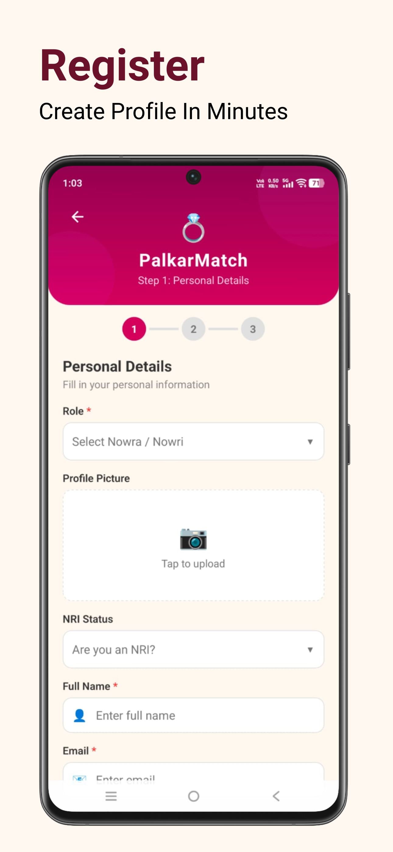 PalkarMatch Registration / Create Account screen