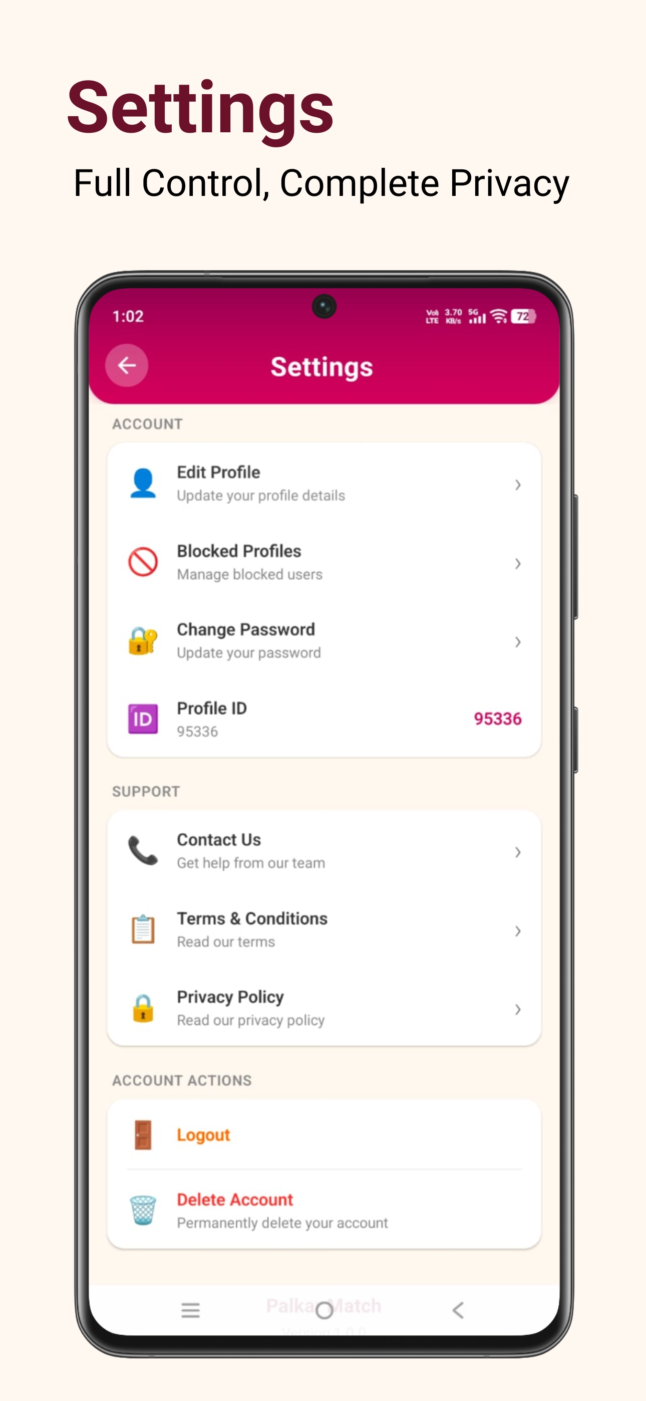 PalkarMatch Settings screen
